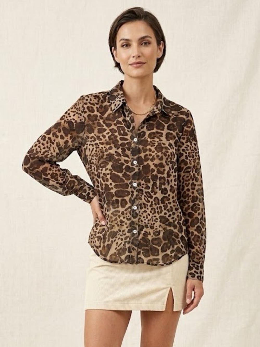 NWOT Bailey 44 Brown Leopard Sheer Button Up Shirt , size M